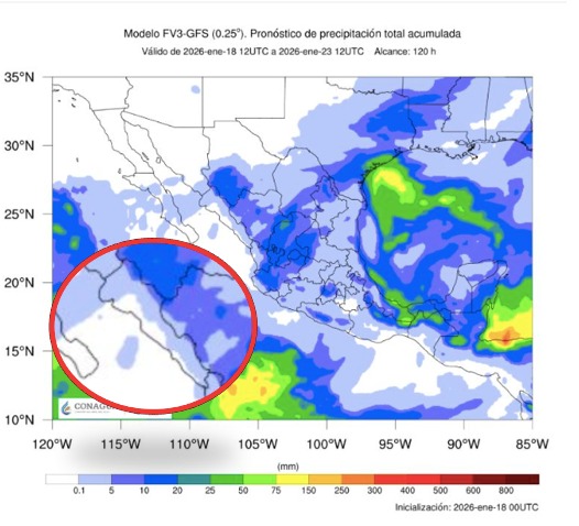 Imagen satelital de México que representa lluvias con colores verdes y azules que indica pronóstico bajo de precipitaciones