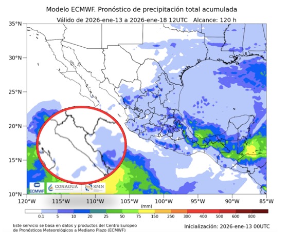 Imagen satelital de México que representa lluvias con colores verdes y azules que indica pronóstico de precipitaciones