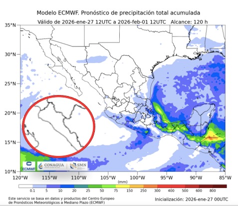 Imagen satelital de México que representa lluvias con colores verdes y azules que indica pronóstico de precipitaciones