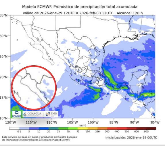Imagen satelital de México que representa lluvias con colores verdes y azules que indica pronóstico de precipitaciones