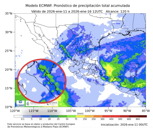 Mapa de México con colores azules, verdes y amarillos indicando la probabilidad de precipitaciones, en un cñirculo se destaca a Sinaloa