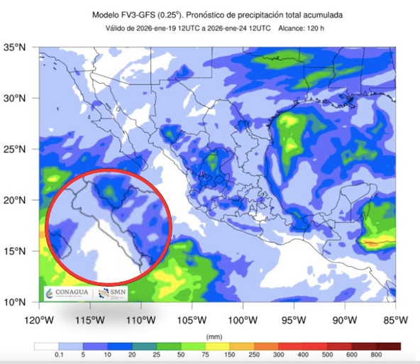 Imagen satelital de México que representa lluvias con colores verdes y azules que indica pronóstico bajo de precipitaciones