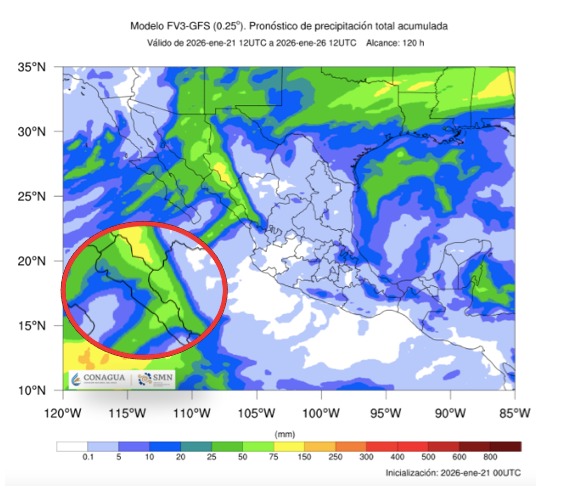 Imagen satelital de México que representa lluvias con colores verdes y azules que indica pronóstico de precipitaciones
