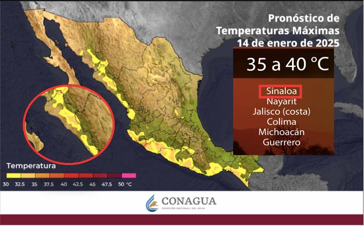 Mapa de México en tonos amarillos, verdes y cafés indicando las temperaturas máximas durante el día