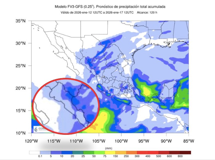 Imagen satelital de México que representa lluvias con colores verdes y azules que indica pronóstico de precipitaciones