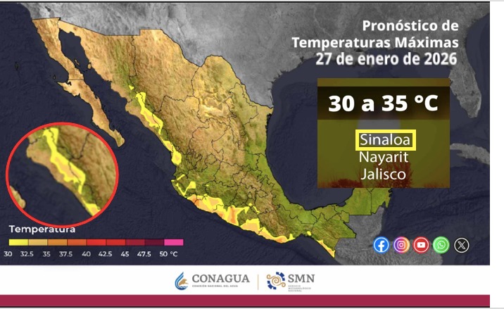 Mapa de México con color amarillo en diferentes tonos indicando las temperaturas máximas este día