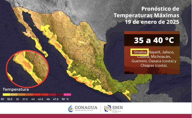 Mapa de México con tonos amarillos, cafés y verdes indicando las temperaturas máximas en el país