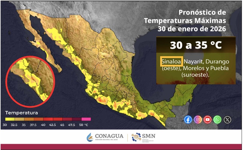 Mapa de México con color amarillo en diferentes tonos indicando las temperaturas máximas este día