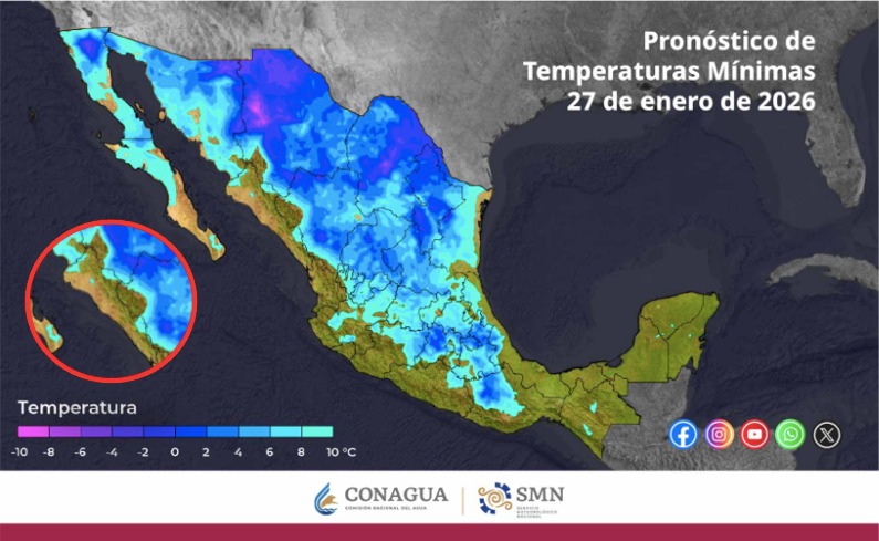 Mapa de México con colores azul en diferentes tonos indicando las temperaturas mínimas este día