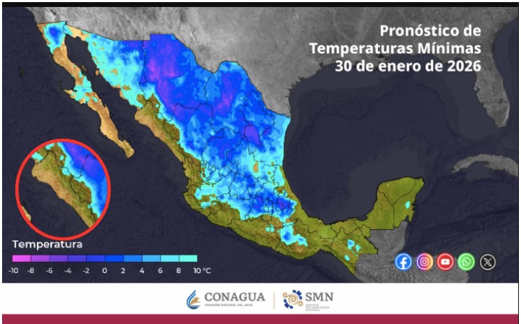 Imagen satelital de México con el color azul en diferentes tonos indicando las temperaturas mínimas en el país