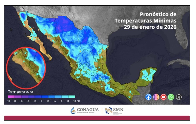 Imagen satelital de México con el color azul en diferentes tonos indicando las temperaturas mínimas en el país