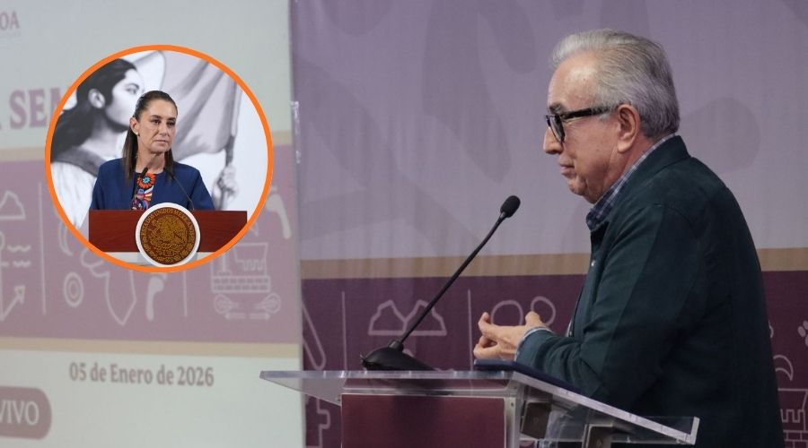 Rubén Rocha Moya durante la conferencia de la semanera, en un círculo la presidenta de México Claudia Sheinbaum