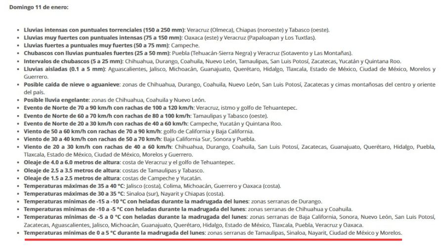 Lista con información de las temperaturas en diferentes estados de México el domingo 11 de enero, al final se destaca con una línea roja las temperaturas mínimas de Sinaloa