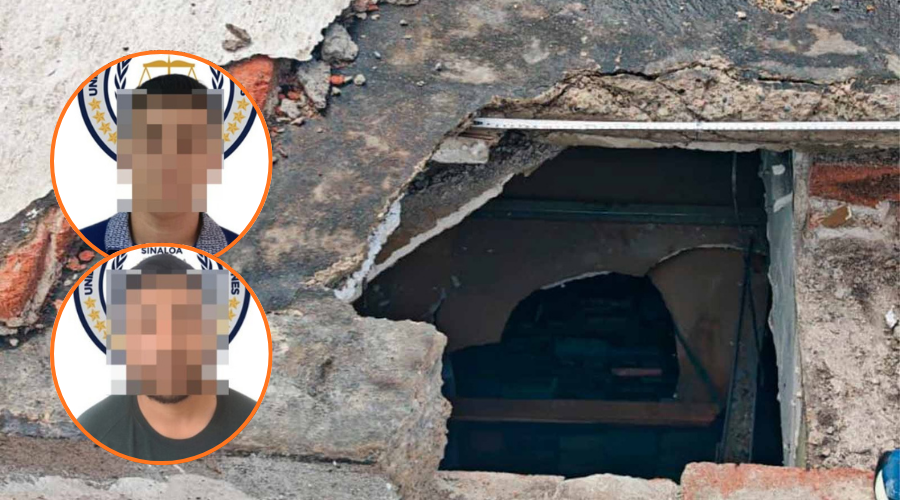 En grande hueco en un techo, en circulo fotos pixeladas de presuntos culpables de robo