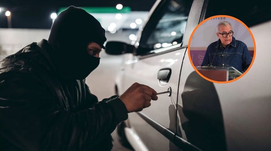 Rubén Rocha Moya en un círculo y una foto temática de robo de auto