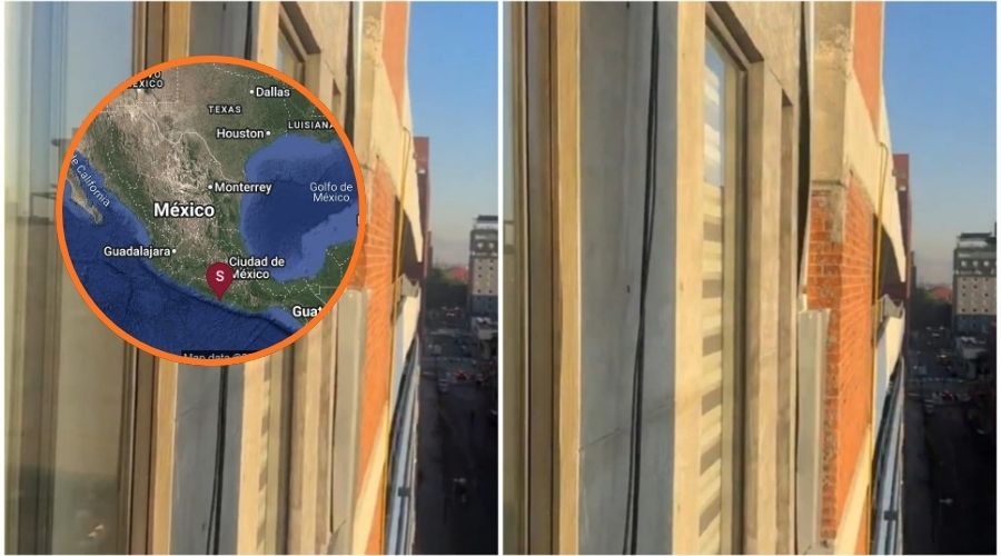 Foto de un edificio con estragos por un sismo y en un círculo mapa satelital de México con una marca indicando el epicentro del sismo