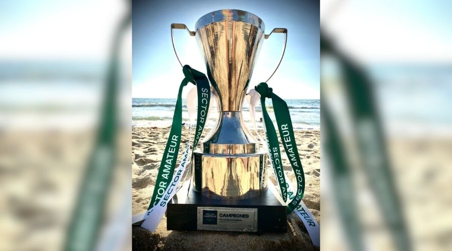 Copa o trofeo con listón cinta verde en la playa