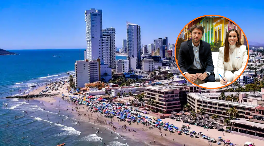 En grande perspectiva aérea de Mazatlán y en un circulo la secretaria de turismo en Sinaloa junto a empresario