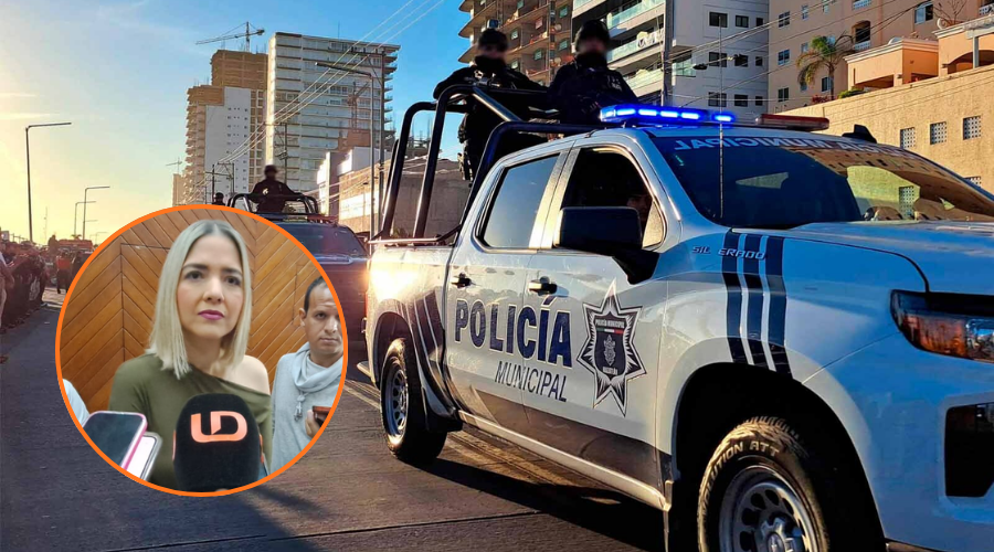 En grande unidades de policía y en un circulo Estrella Palacios