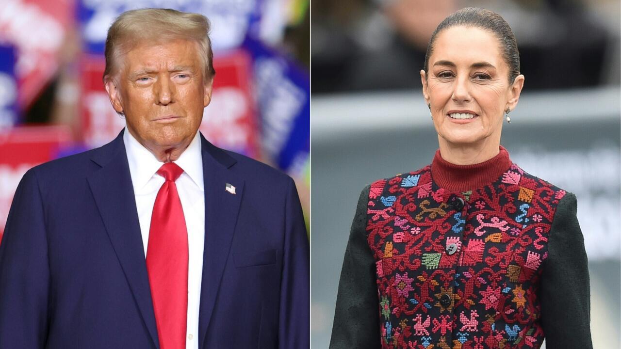 Donald Trump con traje azul y corbata roja, CLaudia Sheinbaum con vestido de colores