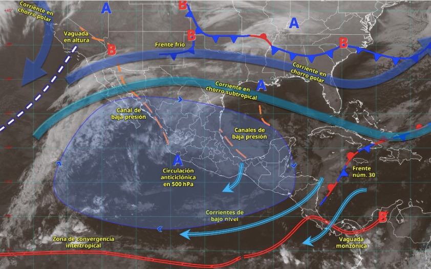 Imagen satelital de México indicando los sistemas meteorológicos activos en México