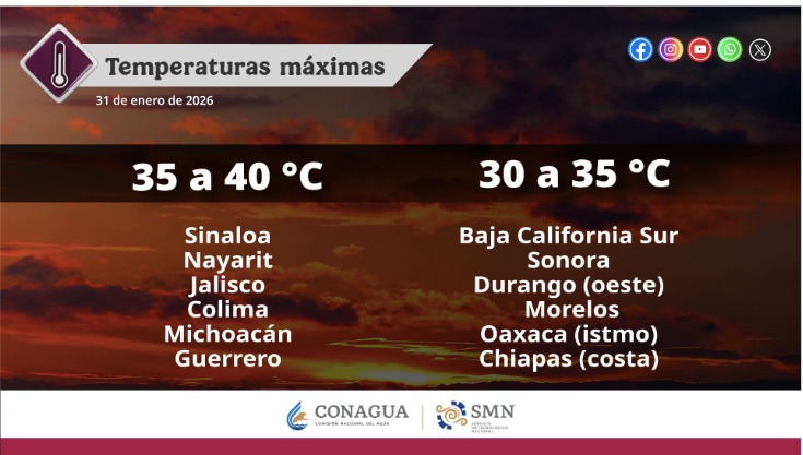 Imagen con información de las temperaturas máximas este sábado 31 de enero en México