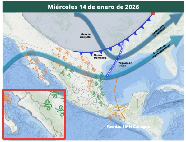 Mapa de México con flechas e íconos de viento indicando las posibles formaciones de tormentas
