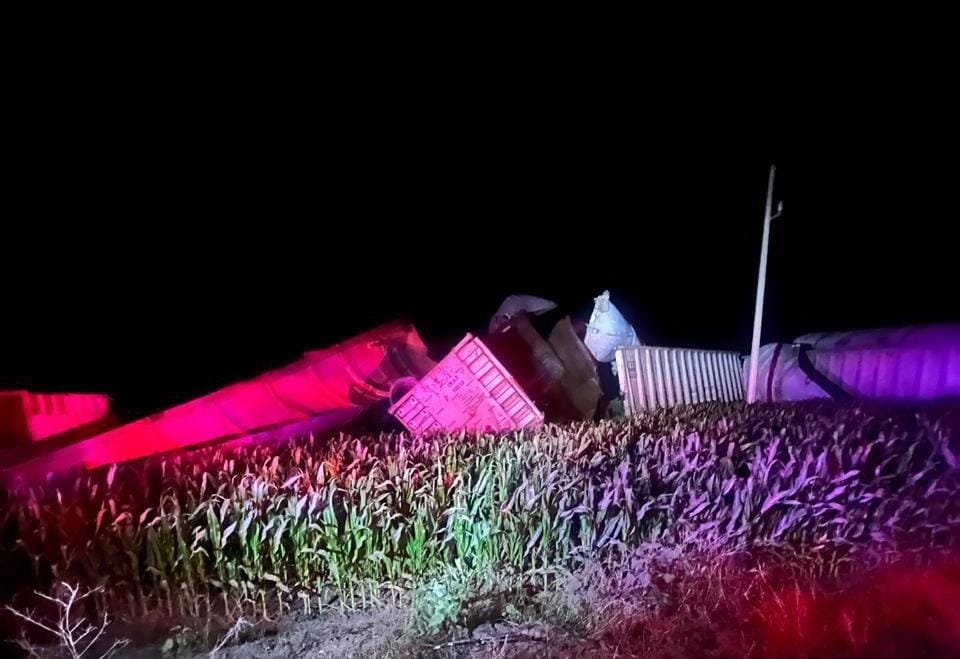 Bagones de tren descarrilados entre siembra de maíz en la noche