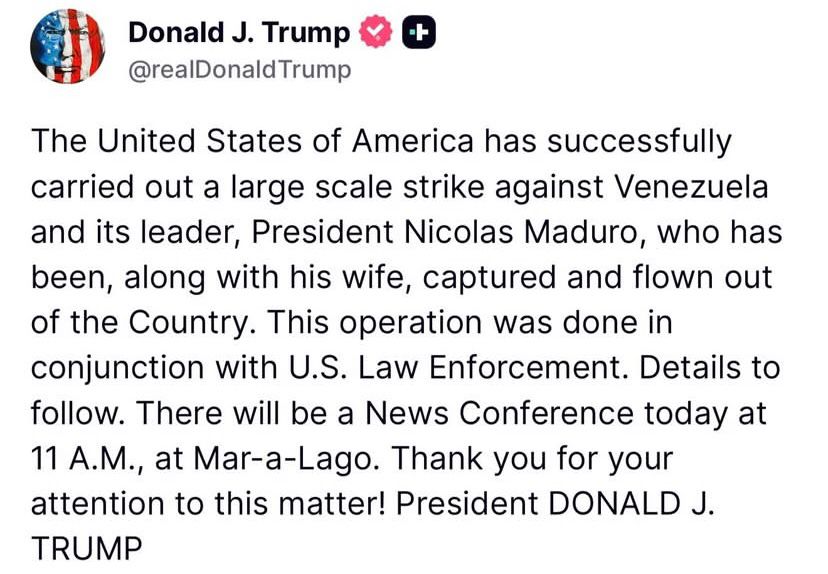 Post de la captura de Nicolás Maduro