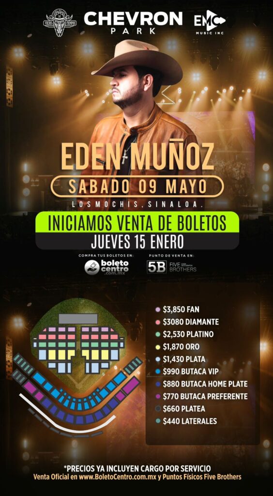 Este jueves 15 de enero del 2026 se abre la venta de boletos en línea y físico para el esperado concierto del cantautor Edén Muñoz