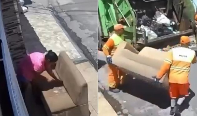 ¡De no creer! Mujer pone a secar su sofá y se lo lleva el camión de la basura: VIDEO