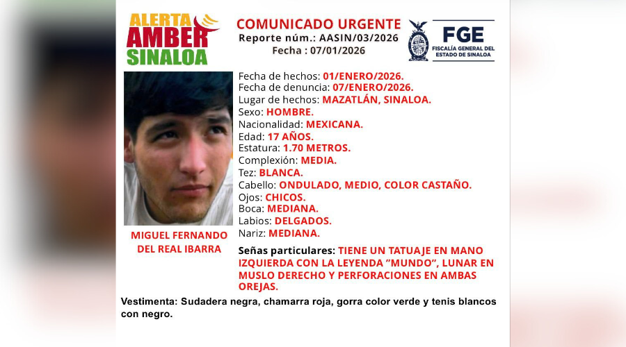 Fiscalía de Sinaloa emite ficha de búsqueda del joven Miguel Fernando