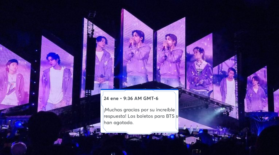 bts en concierto con recuadro de boeltos agotados