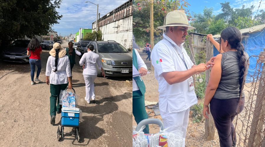 Personal médico en una calle de terracería durante una campaña de vacunación contra el sarampión y en la segunda imagen un enfermero aplicando una vacuna a una mujer joven