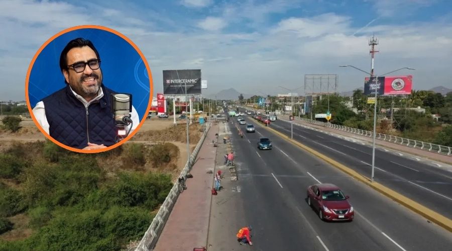 Carretera con carros y una parte en construcción y en un círculo el alcalde de Culiacán, Juan De Dios Gámez