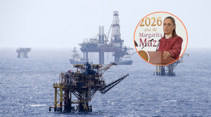 plataforma de petroleo y circulo con la presidenta de México Claudia Sheinbaum
