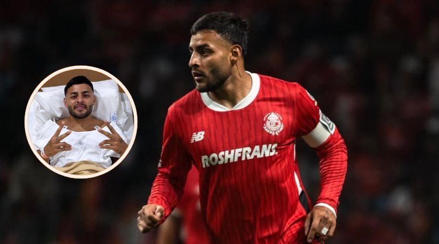 Alexis Vega con la jersey de Toluca y en un círculo acostado en una camilla