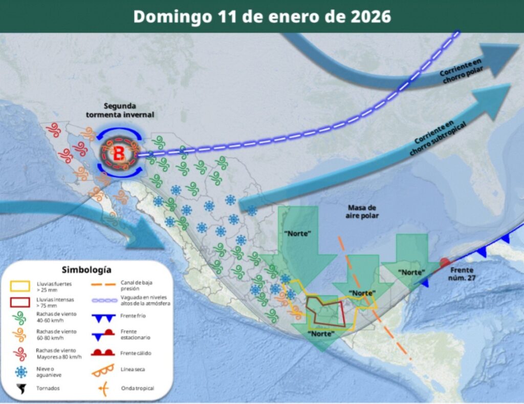 Mapa de México con flechas e ilustraciones de viento indicando el pronóstico del clima el domingo 11 de enero de 2026