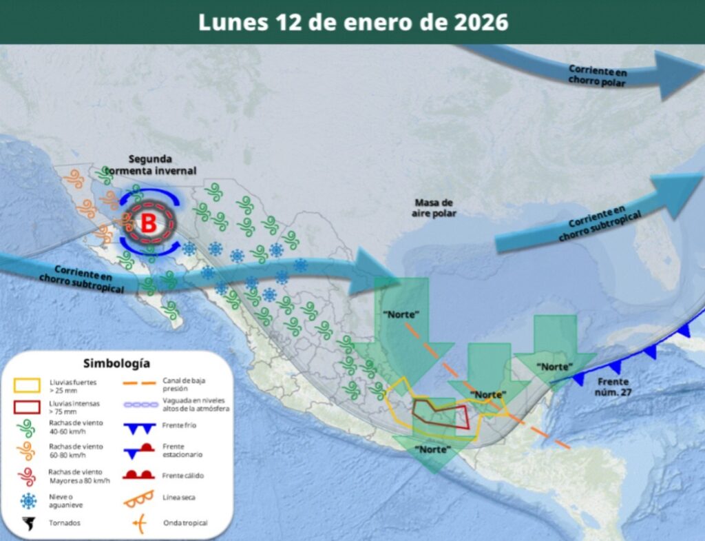 Mapa de México con flechas e ilustraciones de viento indicando el pronóstico del clima el lunes 12 de enero de 2026