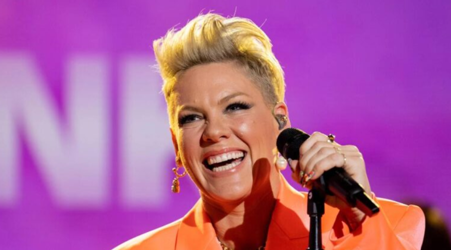 Pink cantando con un micrófono en la mano.