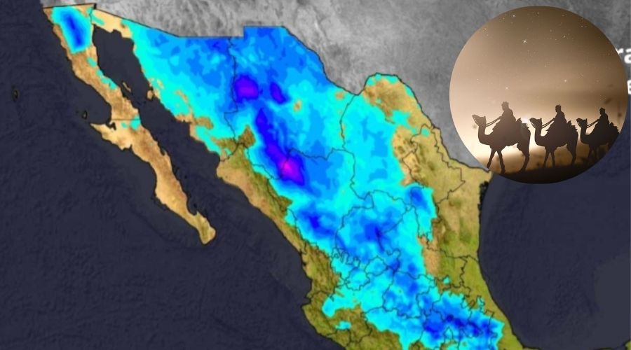 Imagen satelital de México con colores amarillo y azul en diferentes tonos indicando las temperaturas mínimas en el país y en un círculo una imagen ilustrativa de los Reyes Magos