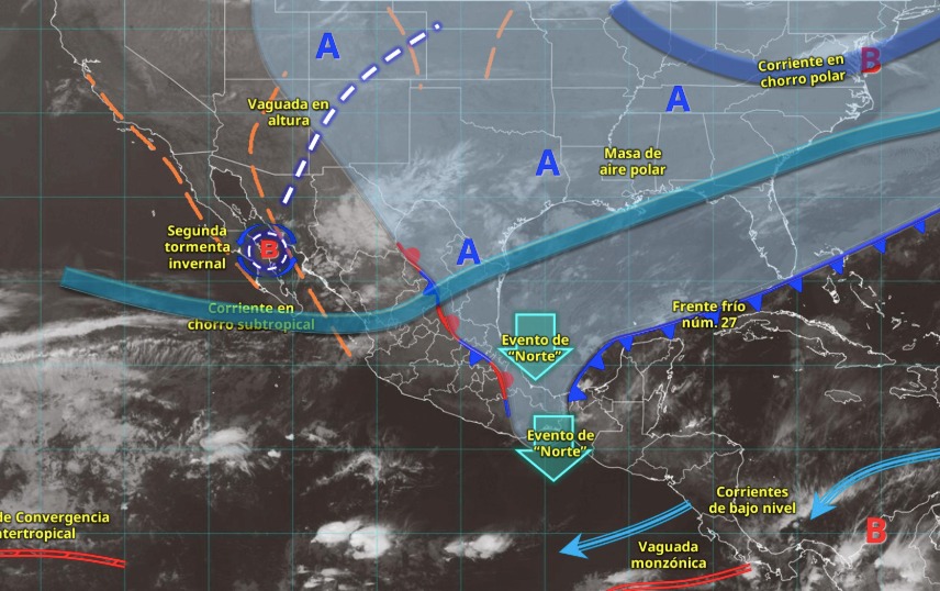 Mapa de México con flechaas indicando los sistemas metereológicos activos