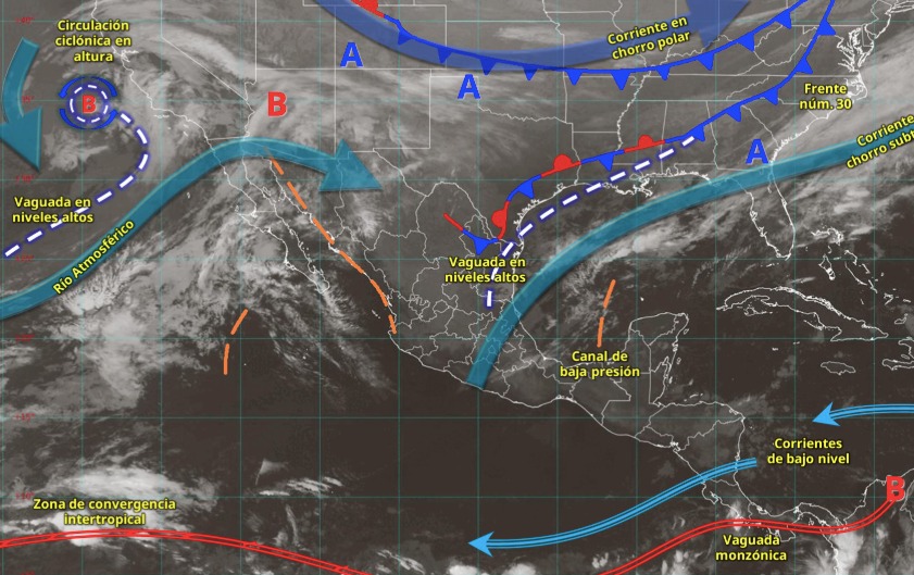 Imagen satelital de México indicando los sistemas meteorológicos activos en México con flechas y líneas