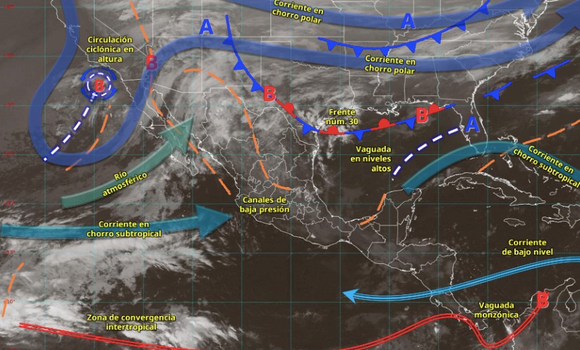 Imagen satelital de México indicando los sistemas meteorológicos activos en México