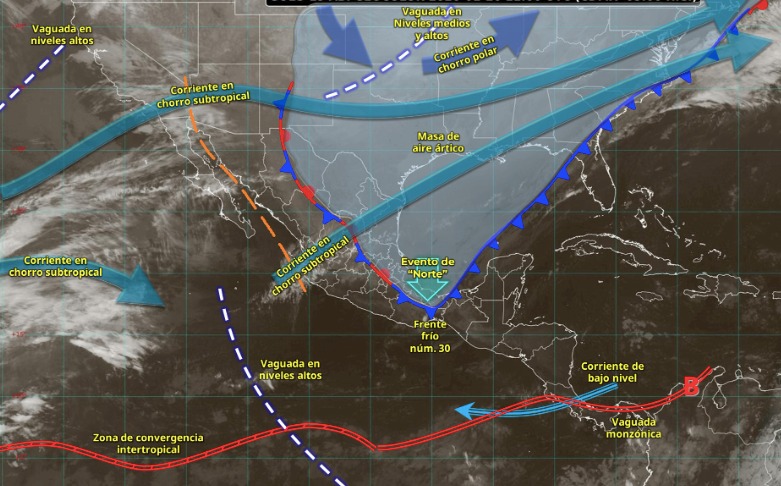 Imagen satelital de México indicando los sistemas meteorológicos activos en México