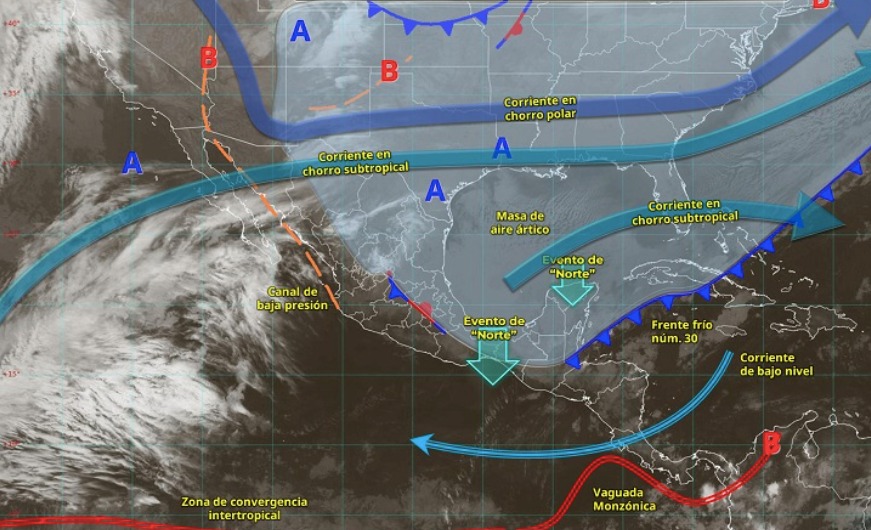 Imagen satelital de México indicando los sistemas meteorológicos activos en México