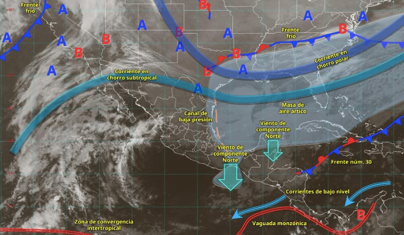 Mapa de México con flechas y líneas indicando los sistemas meteorológicos activos