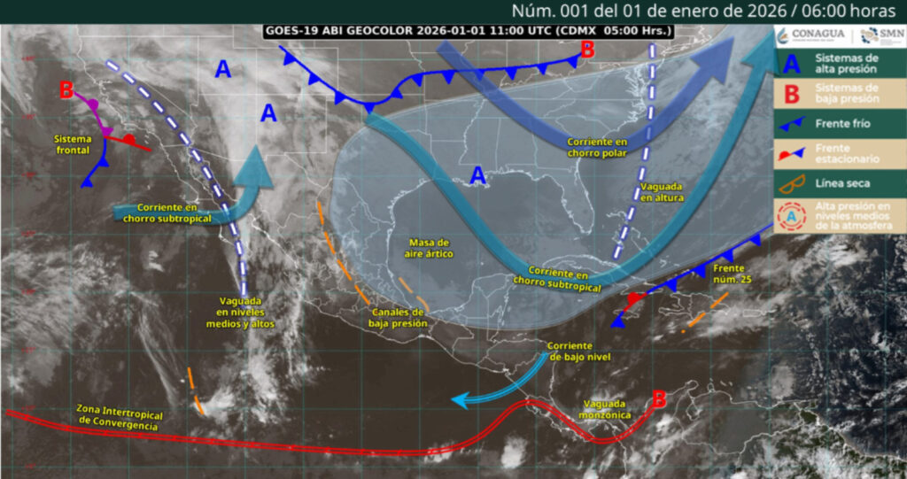 Mapa satelital de México con flechas indicando los sistemas metereológicos activos