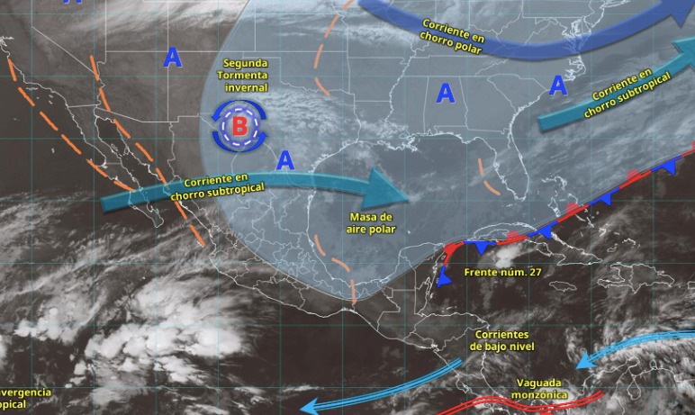 Imagen satelital de México con flechas indicando los sistemas meteorológicos activos en México