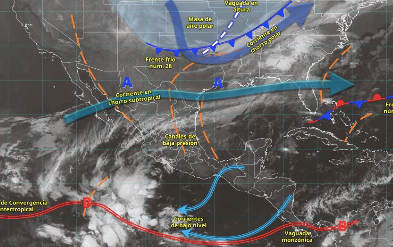 Imagen satelital de México indicando los sistemas meteorológicos activos en México